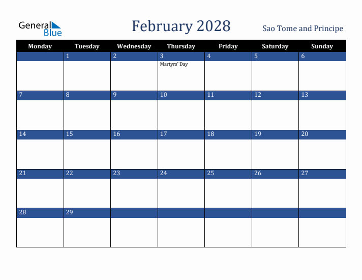 February 2028 Sao Tome and Principe Calendar (Monday Start)