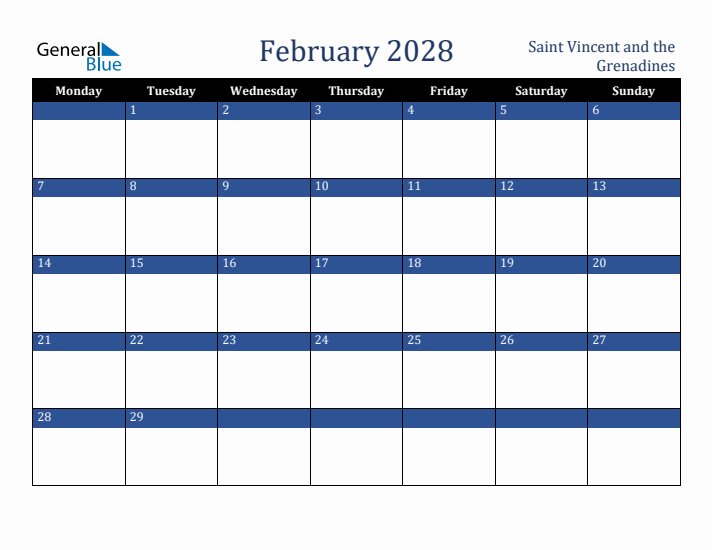 February 2028 Saint Vincent and the Grenadines Calendar (Monday Start)