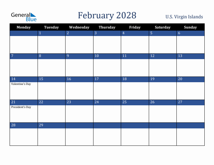 February 2028 U.S. Virgin Islands Calendar (Monday Start)