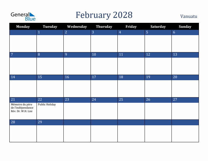 February 2028 Vanuatu Calendar (Monday Start)
