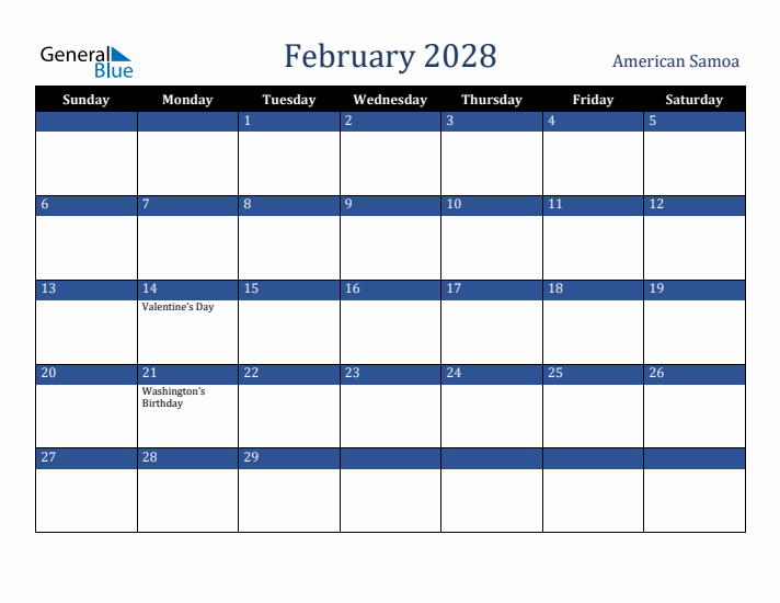 February 2028 American Samoa Calendar (Sunday Start)