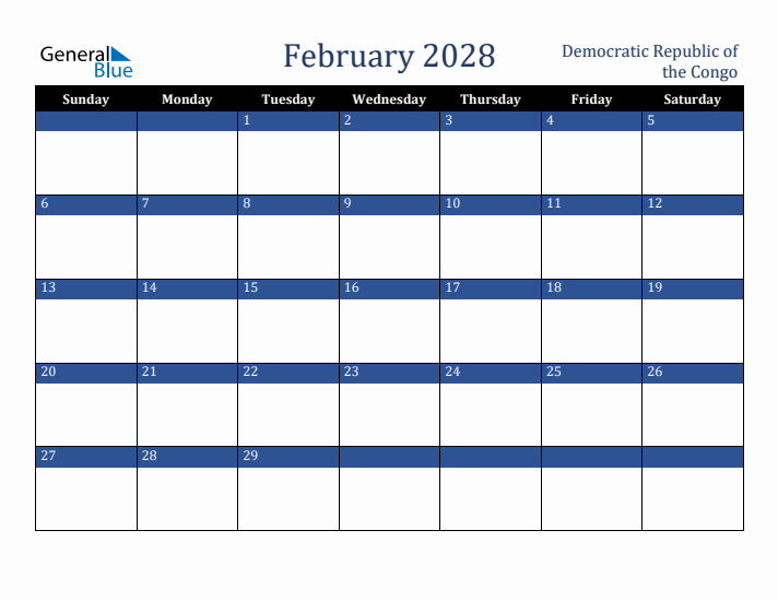 February 2028 Democratic Republic of the Congo Calendar (Sunday Start)