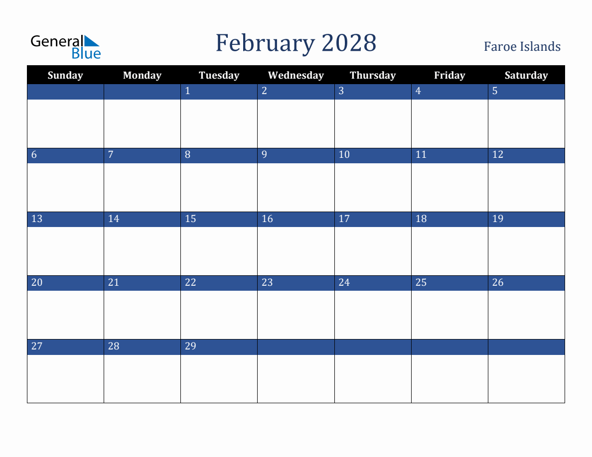 February 2028 Faroe Islands Holiday Calendar