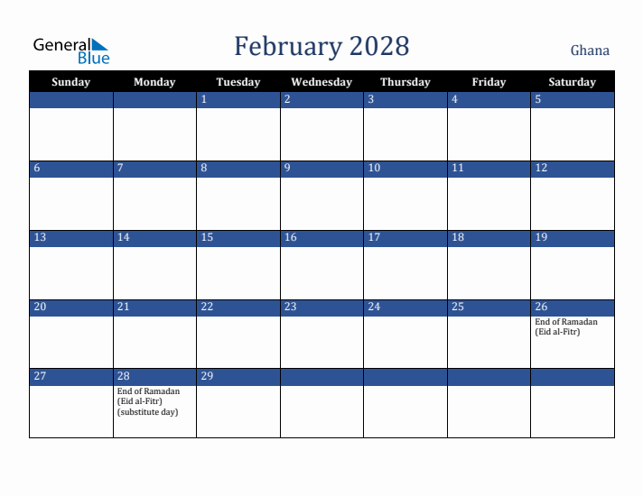 February 2028 Ghana Calendar (Sunday Start)