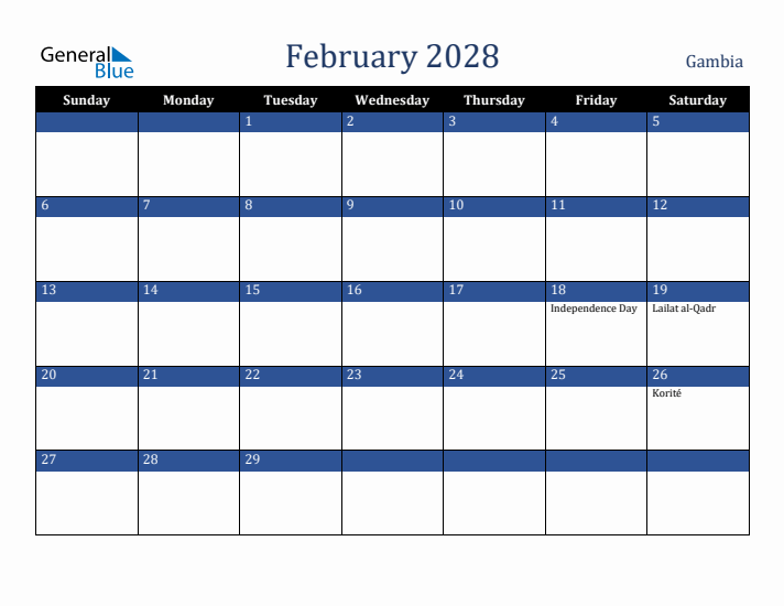 February 2028 Gambia Calendar (Sunday Start)