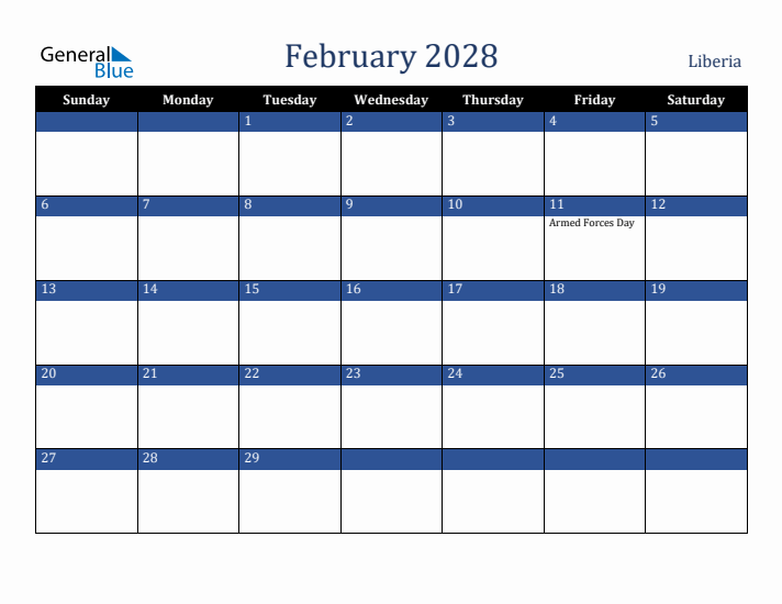 February 2028 Liberia Calendar (Sunday Start)