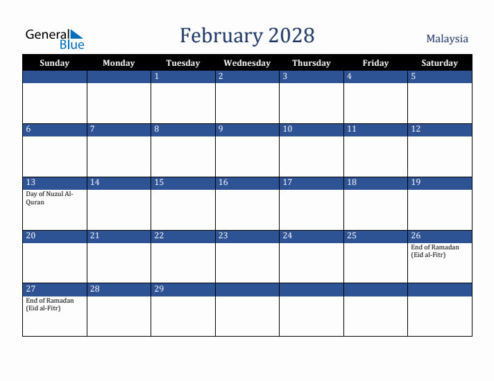February 2028 Malaysia Calendar (Sunday Start)