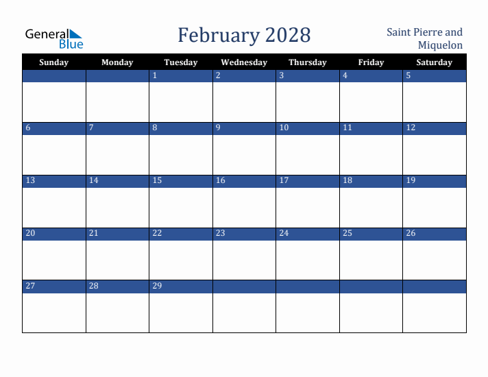 February 2028 Saint Pierre and Miquelon Calendar (Sunday Start)