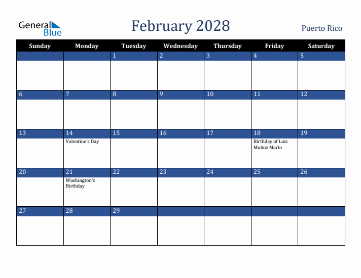 February 2028 Puerto Rico Calendar (Sunday Start)