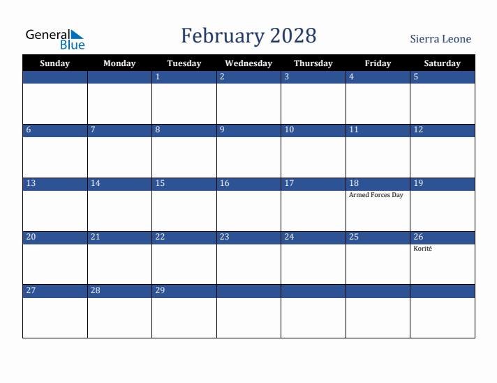 February 2028 Sierra Leone Calendar (Sunday Start)