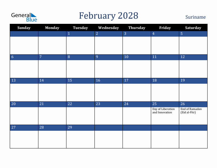 February 2028 Suriname Calendar (Sunday Start)