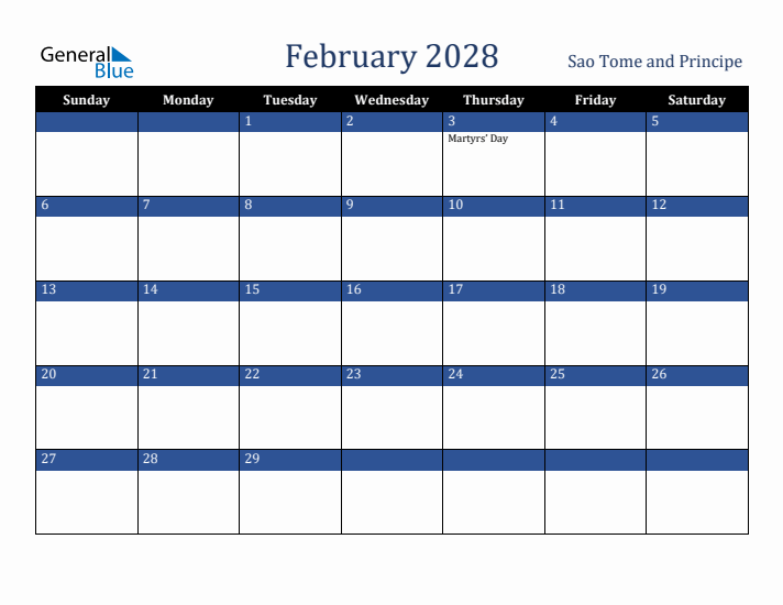 February 2028 Sao Tome and Principe Calendar (Sunday Start)