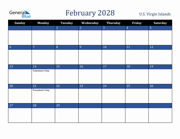 February 2028 U.S. Virgin Islands Calendar (Sunday Start)