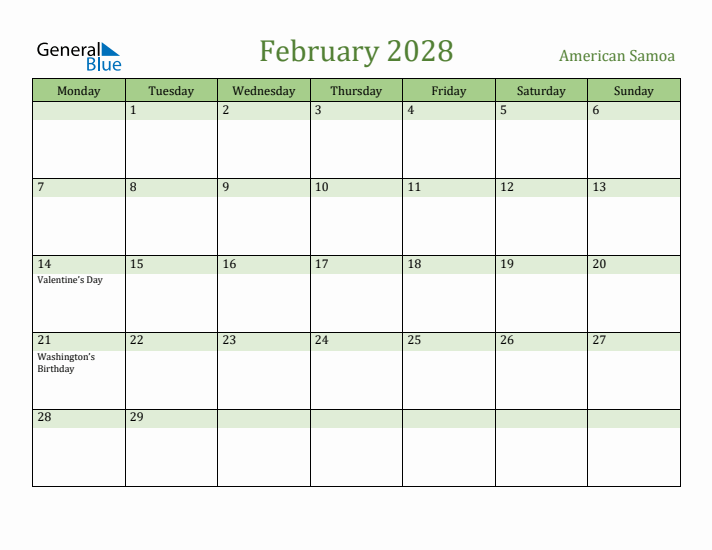 February 2028 Calendar with American Samoa Holidays