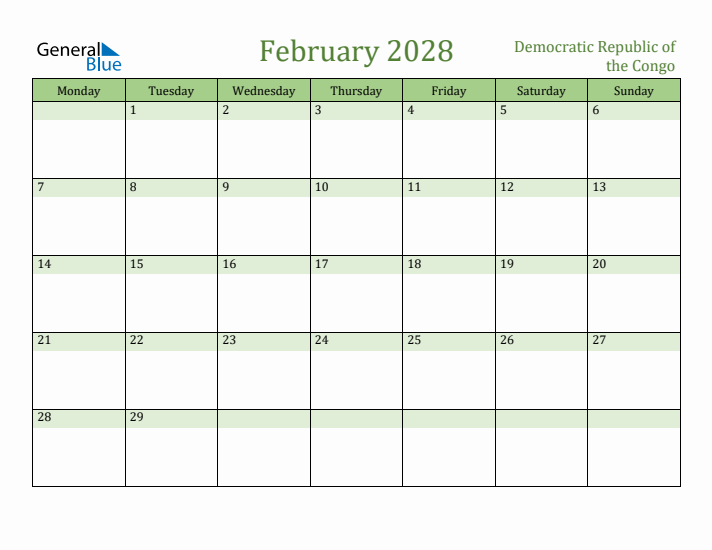 February 2028 Calendar with Democratic Republic of the Congo Holidays