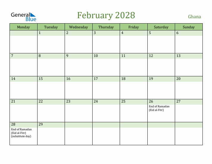 February 2028 Calendar with Ghana Holidays