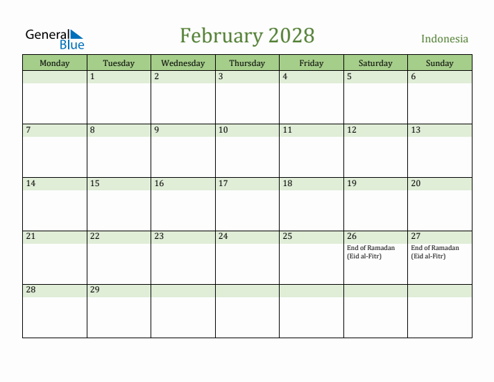 February 2028 Calendar with Indonesia Holidays