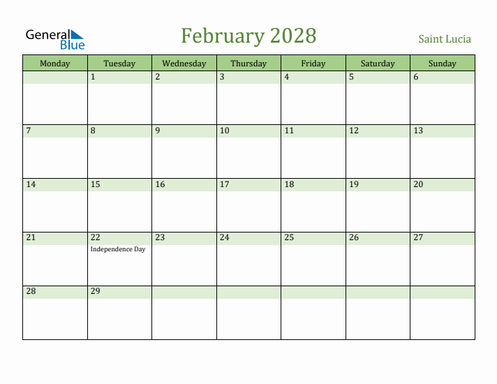 February 2028 Calendar with Saint Lucia Holidays