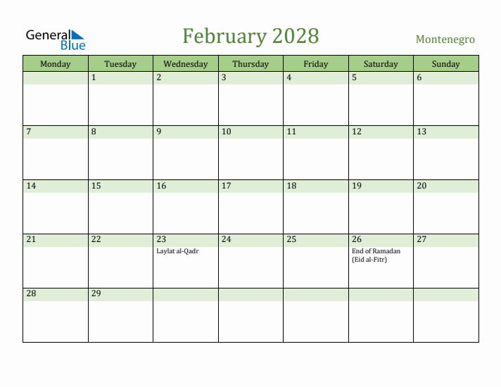 February 2028 Calendar with Montenegro Holidays
