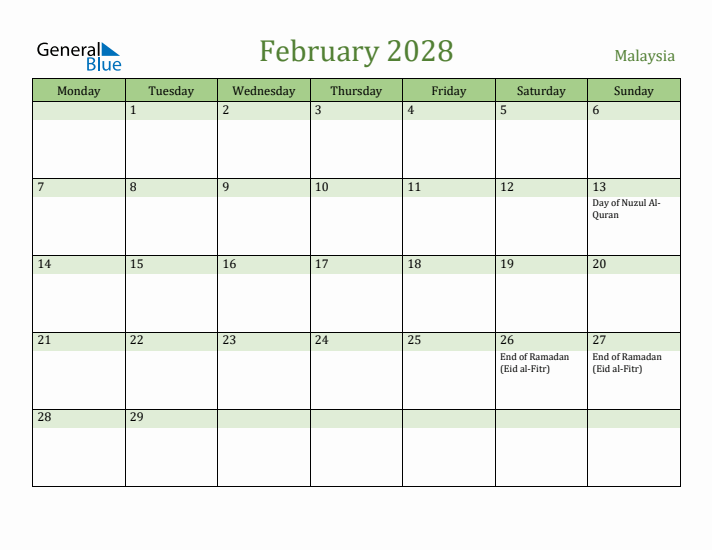 February 2028 Calendar with Malaysia Holidays
