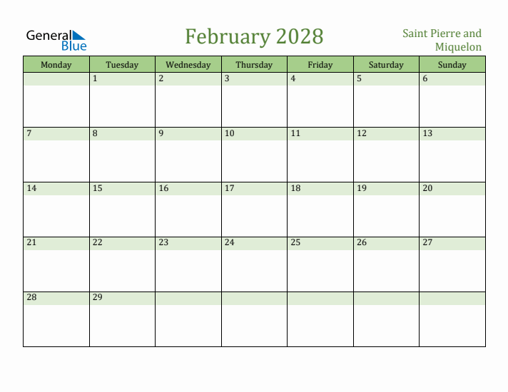 February 2028 Calendar with Saint Pierre and Miquelon Holidays