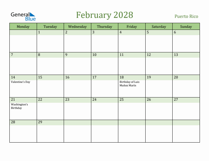February 2028 Calendar with Puerto Rico Holidays