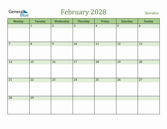 February 2028 Calendar with Slovakia Holidays