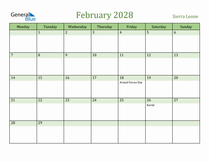 February 2028 Calendar with Sierra Leone Holidays