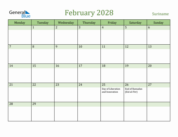 February 2028 Calendar with Suriname Holidays
