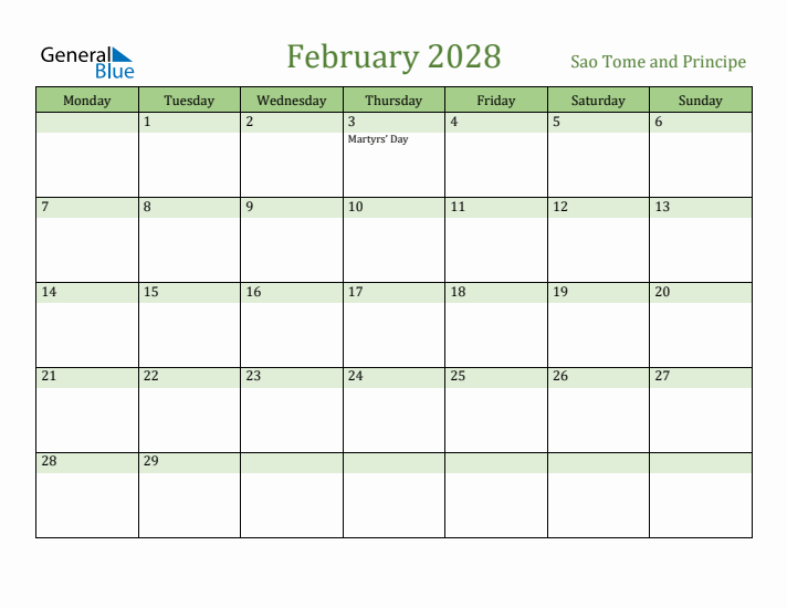 February 2028 Calendar with Sao Tome and Principe Holidays