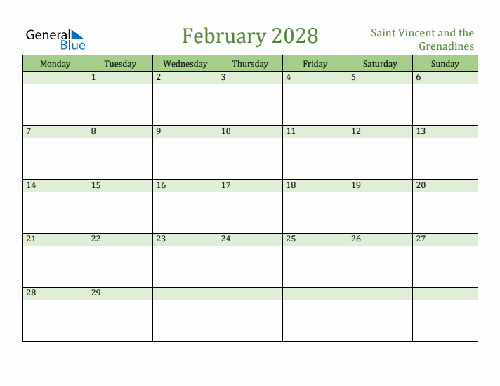 February 2028 Calendar with Saint Vincent and the Grenadines Holidays