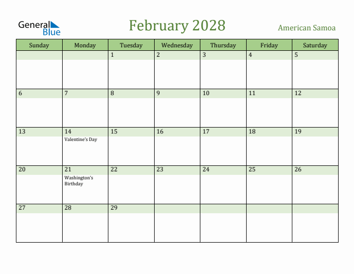 February 2028 Calendar with American Samoa Holidays