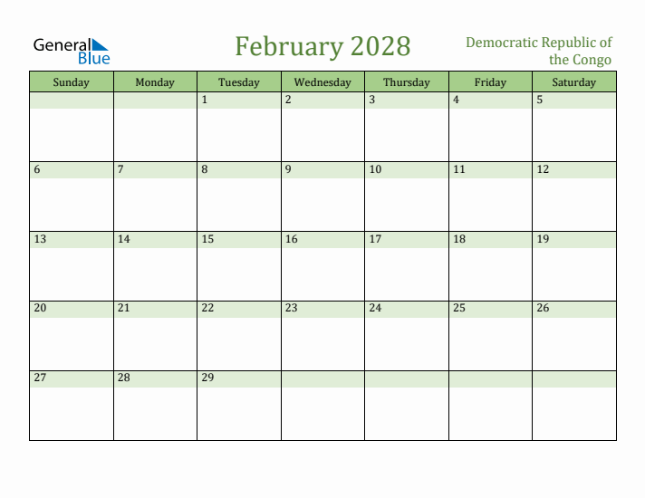 February 2028 Calendar with Democratic Republic of the Congo Holidays