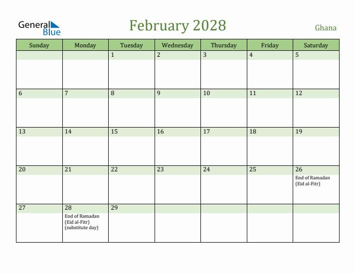 February 2028 Calendar with Ghana Holidays