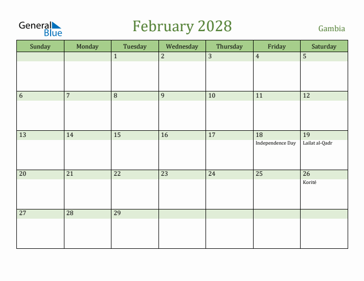 February 2028 Calendar with Gambia Holidays