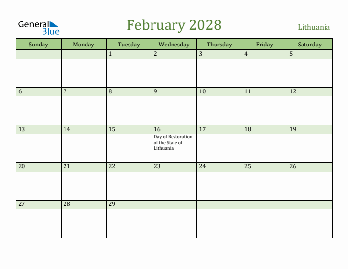 February 2028 Calendar with Lithuania Holidays