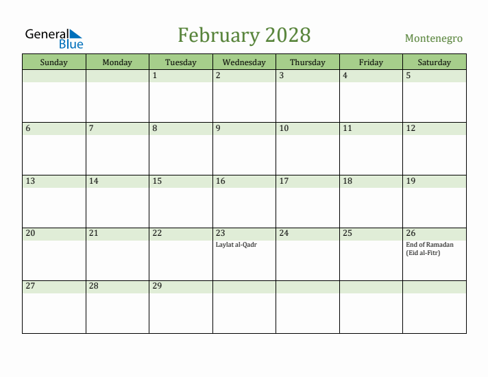 February 2028 Calendar with Montenegro Holidays