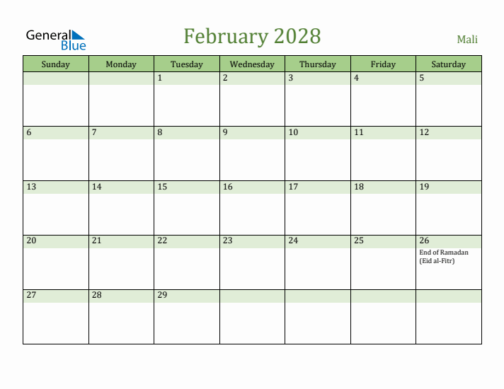February 2028 Calendar with Mali Holidays