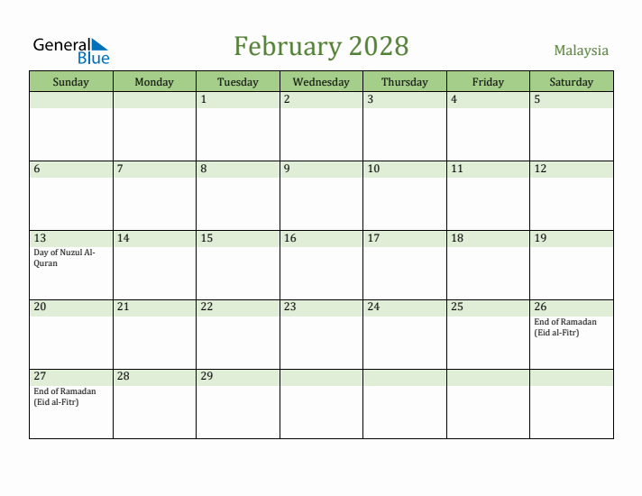 February 2028 Calendar with Malaysia Holidays