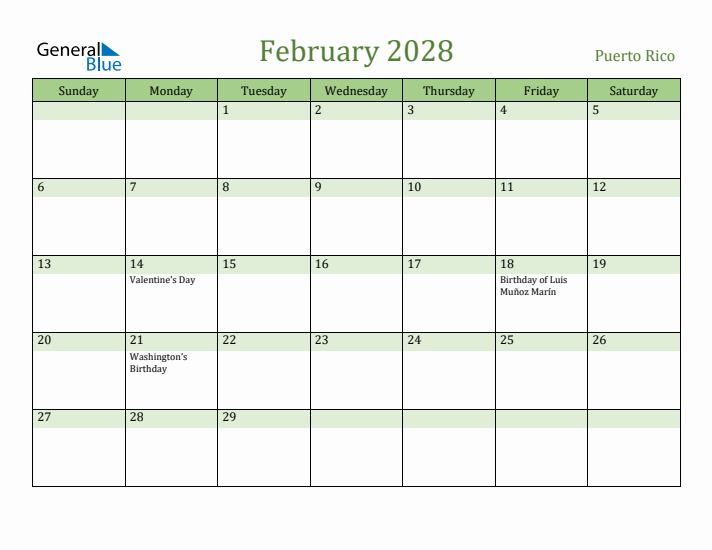February 2028 Calendar with Puerto Rico Holidays