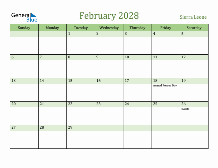 February 2028 Calendar with Sierra Leone Holidays