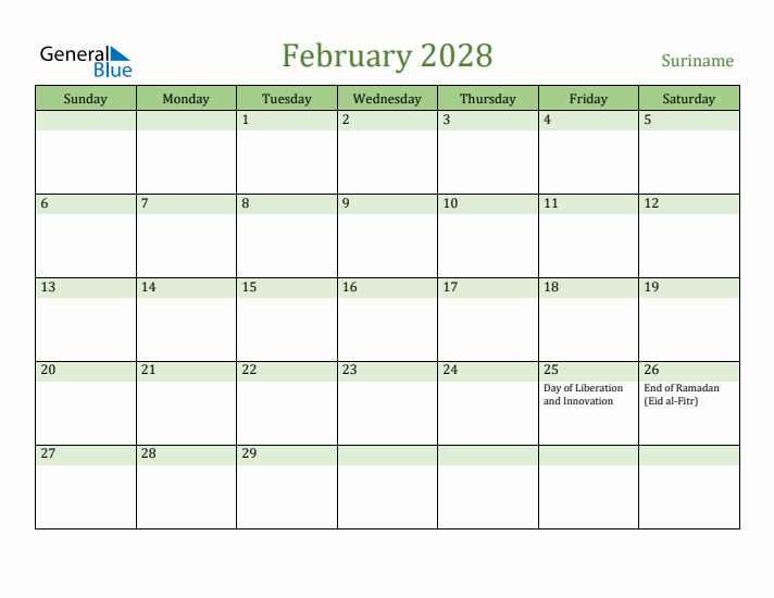 February 2028 Calendar with Suriname Holidays
