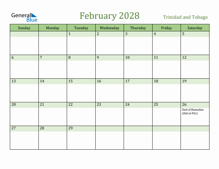February 2028 Calendar with Trinidad and Tobago Holidays