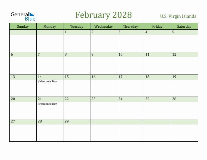 February 2028 Calendar with U.S. Virgin Islands Holidays