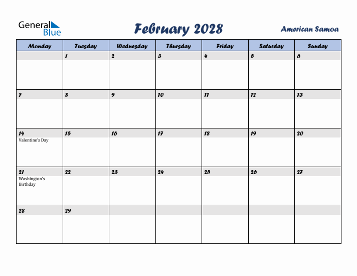 February 2028 Calendar with Holidays in American Samoa