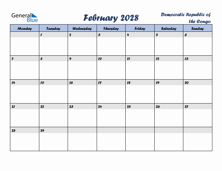 February 2028 Calendar with Holidays in Democratic Republic of the Congo