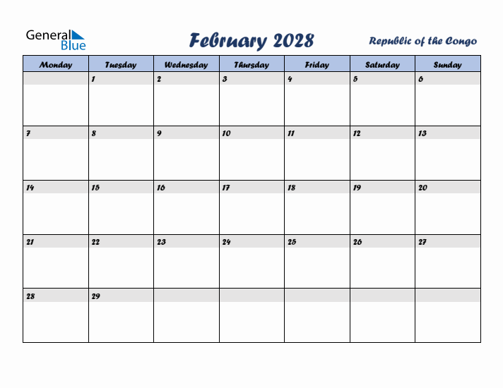 February 2028 Calendar with Holidays in Republic of the Congo