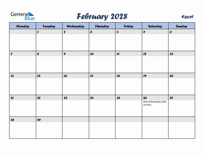 February 2028 Calendar with Holidays in Egypt