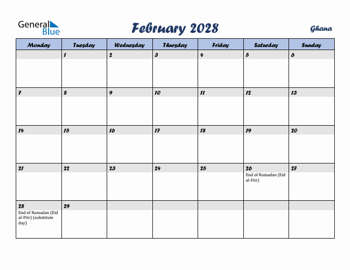 February 2028 Calendar with Holidays in Ghana