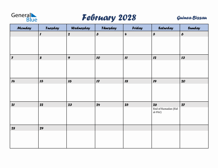 February 2028 Calendar with Holidays in Guinea-Bissau